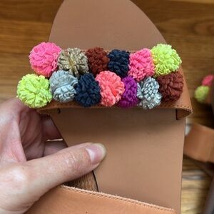 Loeffler Randall Tan Slide Sandals with Playful Pom Poms